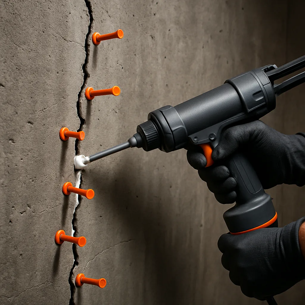 Technician injecting polyurethane into a poured concrete foundation crack